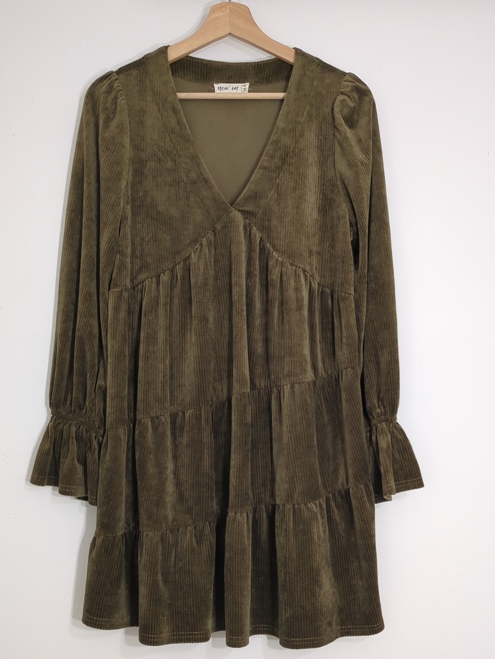 Olive Tiered V-Neck Long Sleeve Dress